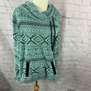 one world knit pullover tunic top sz large grey black cowl neck geometric